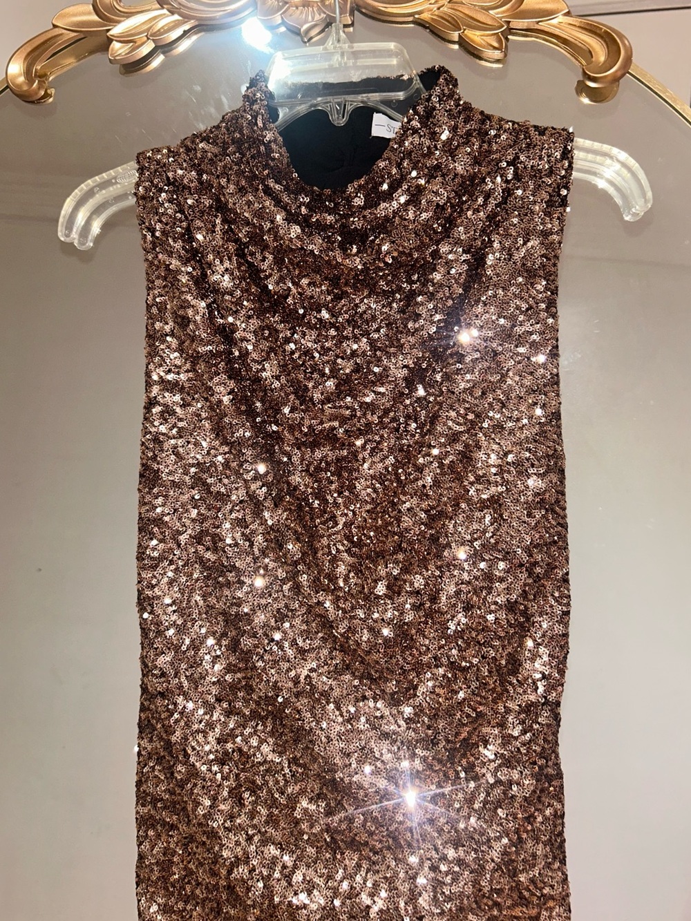 S’edge Bronze Sequin Bree Tank Sleeveless Cowl Neck Top with Belt, Size XL NWT
